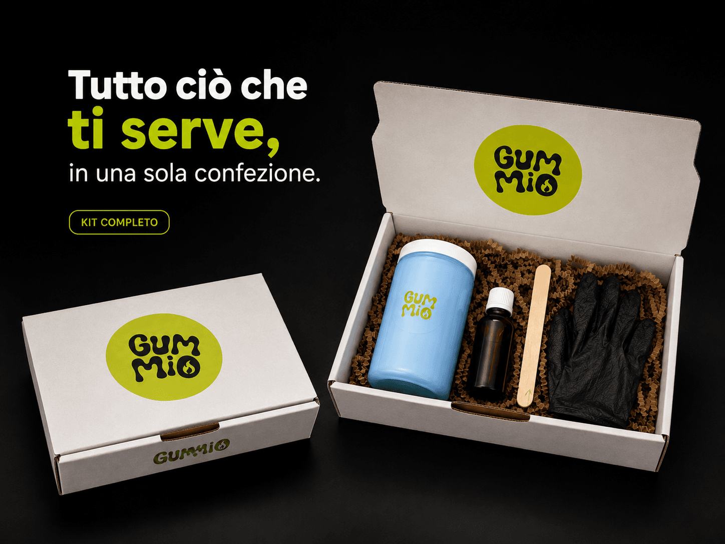 Vista completa del kit Gummio e della confezione