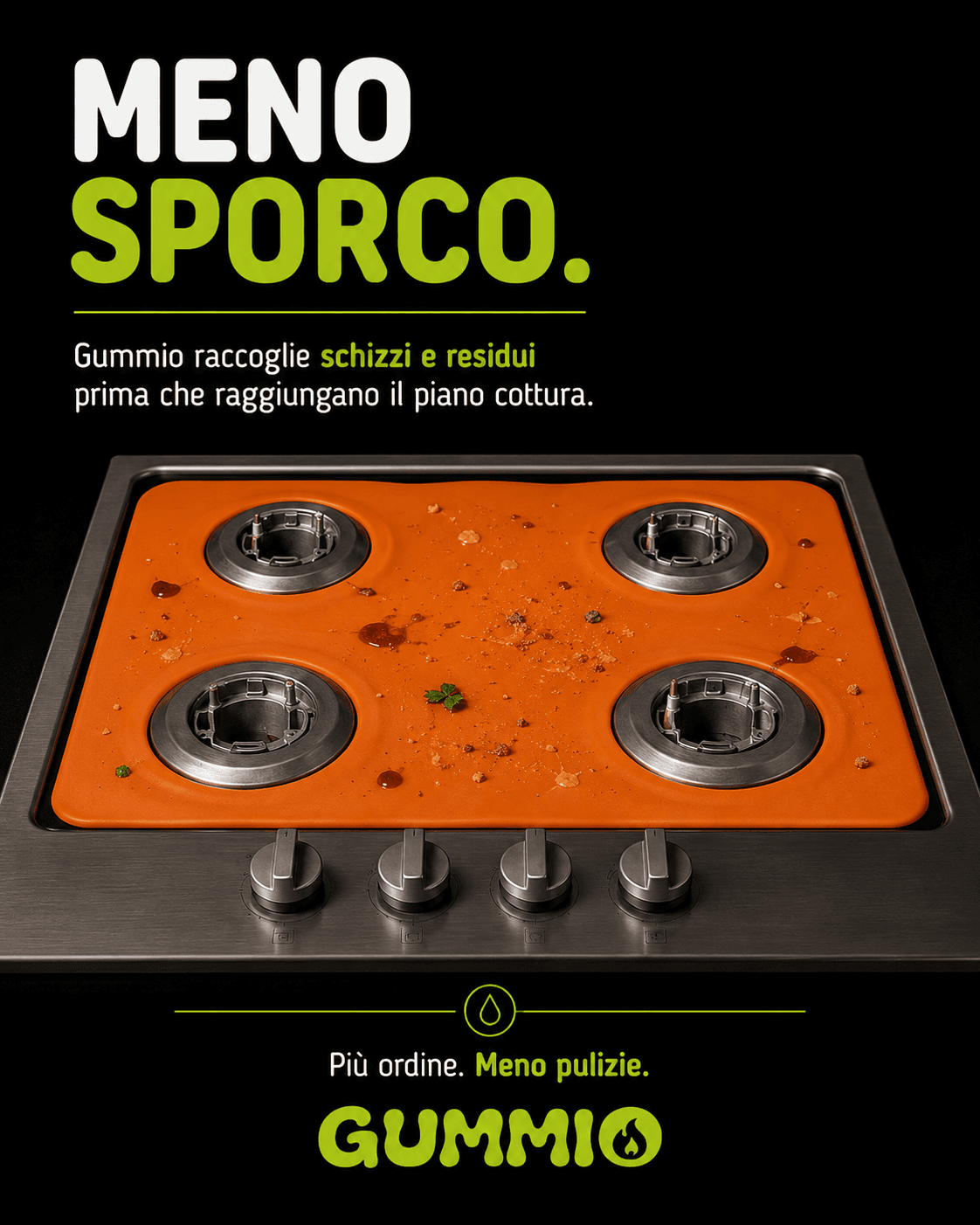 Gummio arancio su un piano a quattro fuochi mentre raccoglie residui di cucina